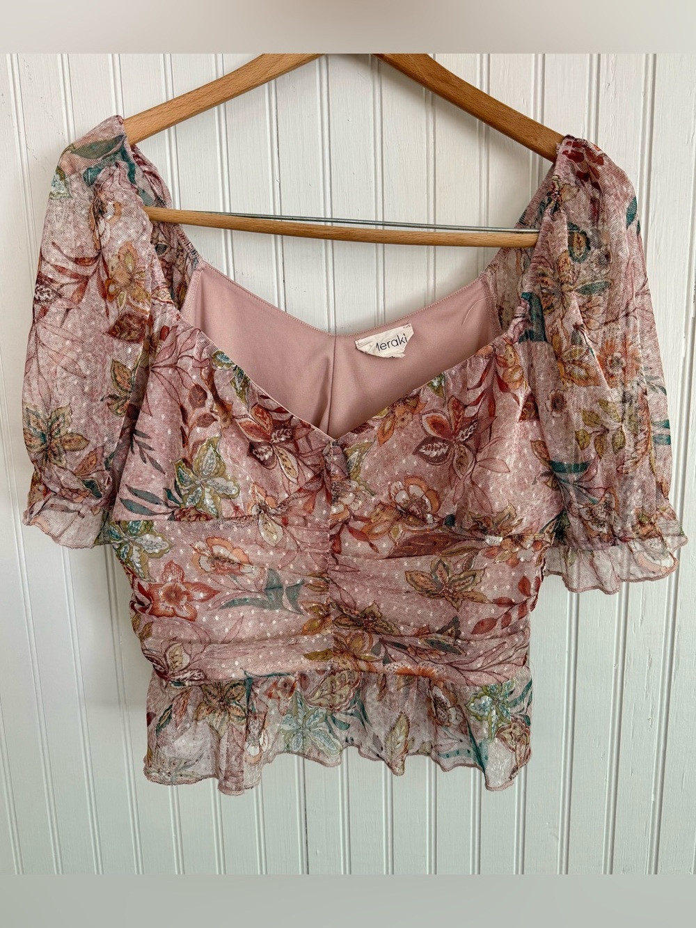 Meraki Fairycore Dusty Rose Crop Top Size XL with Puff Sleeve